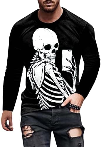 Xxbr halloween masculino de manga longa camisetas, esqueleto engraçado gráfico de treino impresso