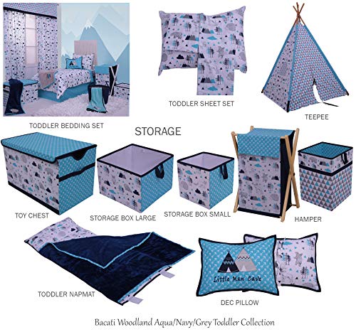 Bacati Woodlands Boys Cotton 4 PC Conjunto de roupas de cama para criança, Aqua/Marinha/Cinza 100 % algodão