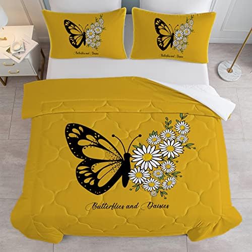 Conjunto de edredom de borboleta preta Soulzzz - Conjuntos de roupas de cama de borboleta amarela macia com