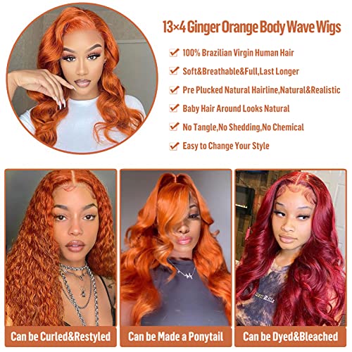 Moda mais gengibre laranja renda frontal perucas de cabelo humano pré -arrancada onda corporal onda