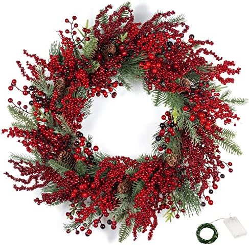 Ki Store Christmas Wreath com luzes e timer de 26 polegadas decoração de baga vermelha mista para