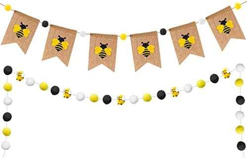 Versrh 2pcs Bee Felt Garlands Vintage Rustic Burlap Banner Bunnner, abelhas Pom Pom Pom Festas de