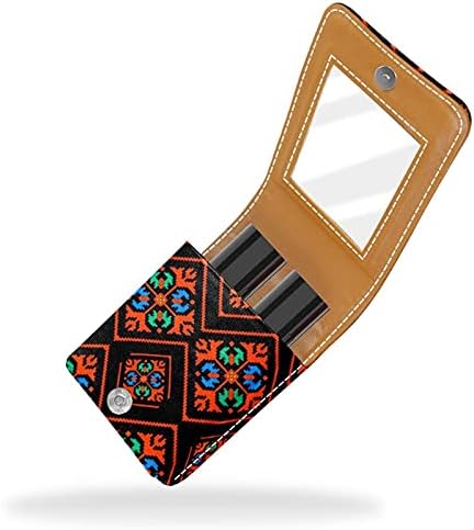 Caixa de batom mini mini com espelho para bolsa, vermelho escuro e preto de padrão geométrico de couro de