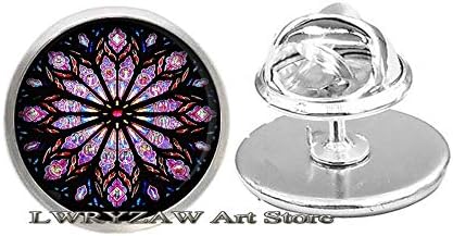 Broche de pino de vitral de vidro, broche de rosa de janela rosa nouveau, jóias católicas da janela