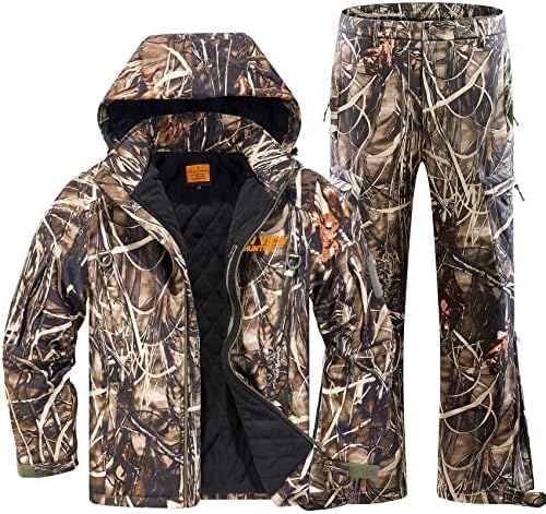 Nova vista de roupas de caça grossas para homens, jaqueta de caça e calças de clima frio para caça ao pato