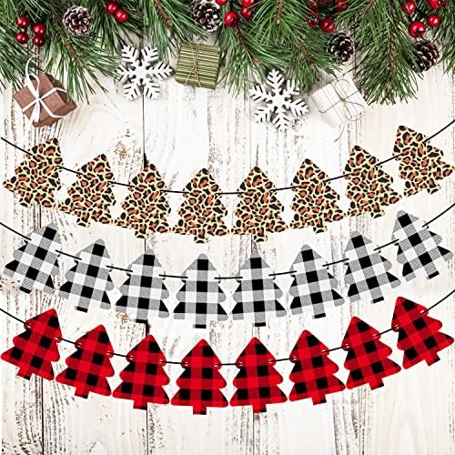 Dudou Christmas Tree Banner Buffalo Verifique a xadrez vermelho preto preto leopardo natal bunnting mini guirlanda
