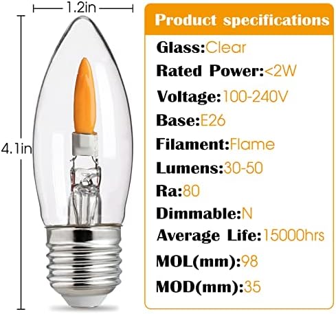 Lâmpada de chama Flicker - Flame em forma, base padrão E26, brilho laranja tremor - caixa de 6