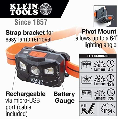 Klein Tools 56064 farol de LED automático recarregável, cinta de silicone, 400 LMS, tempo de execução