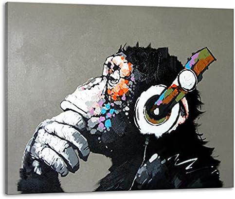Muzagroo Art Music Monkey With Headphone Pinturas a óleo pintadas à mão na arte da parede de lona