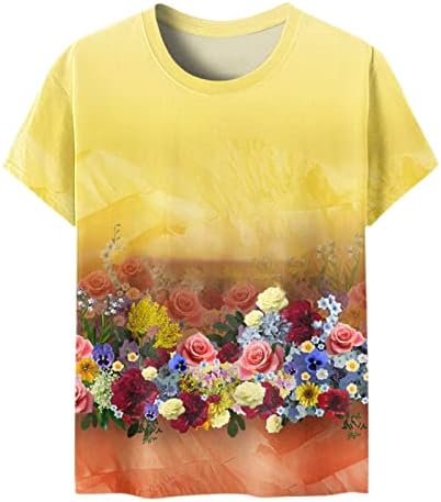 Camiseta floral de estampa de floral para mulheres de manga curta Crew pescoço casual camisa de blusa