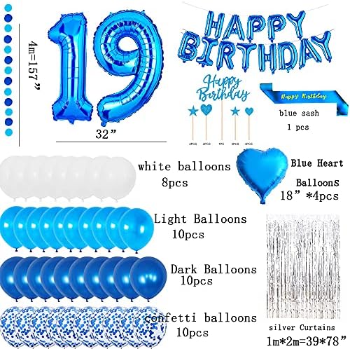 Yujiaonly 19th Birthday Party Decorações azuis Feliz Aniversário Balões Balões Azul Número 19 Feliz Aniversário