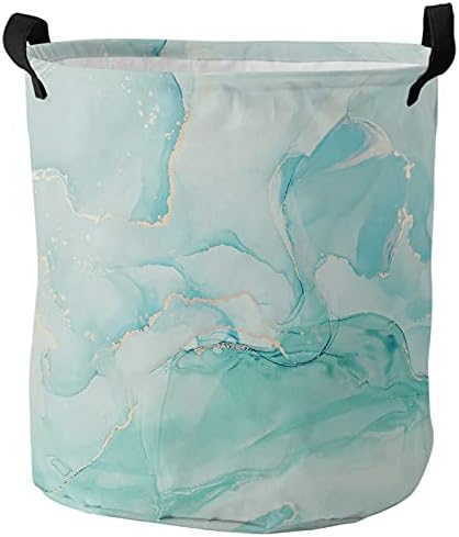Marble aqua grande cesta de lavanderia, bolsa dobrável com alças de transporte fácil, ombre pintando abstrato