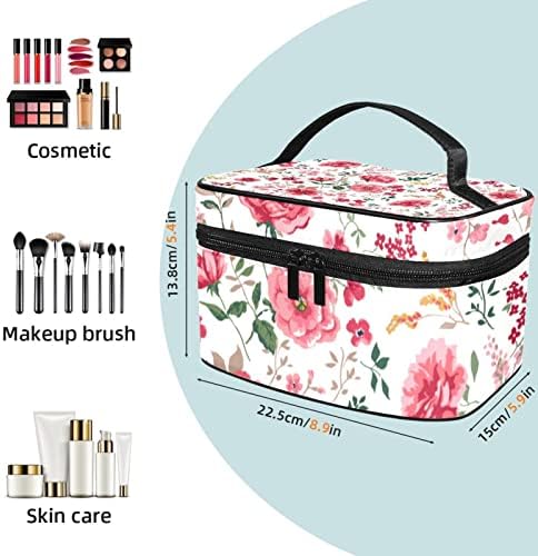 Bolsa de maquiagem de viagem Yoyoamoy, folhas florais rosa sem costura Padrão grande estojo cosmético Maquia
