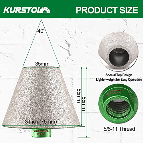 Kurstol Diamond Cone Tile Bit - Diamond Countersink Drill Bit 3 em x 5/8 -11 Greante de ângulo de rosca, bit de chanfro chanfrado para moldar os orifícios de porcelana de mármore de granito de granito