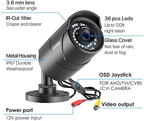 Zosi 2 pacote 2mp 1080p 1920tvl Câmera de segurança LEDS INTERIOR 36PCS, Visão noturna de 120 pés, 105 ° Visualização de vigilância do ângulo CCTV Câmera de bala