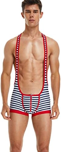 Seobean Tauwell Mens Stripe Fitness Wrestling Leotard Singlet Bodysuit com zíper 9708