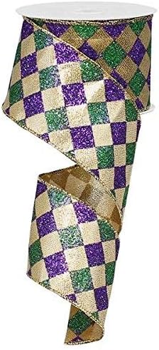 Mardi Gras Harlequin Glitter Diamond Ribbon: roxo, verde e ouro 2,5 x 10 jardas: RG1930WY