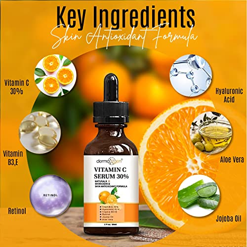 Dermaxgen 30% de soro de vitamina C para face, ácido hialurônico, anti -ruga natural e orgânico, colágeno