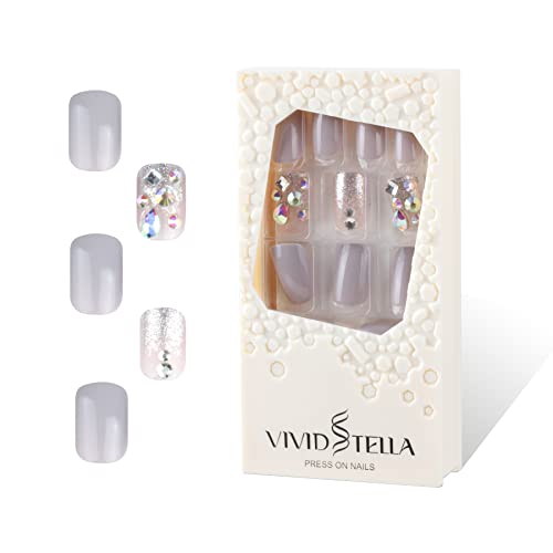 Pressione Vivid Tella em unhas Glitter Diamond Short Square Nails cola no kit de manicure de unhas falsas
