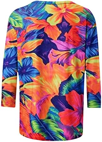 Camiseta de blusa para mulheres outono roupas de verão na moda 3/4 manga de pisca de pescoço de algodão solto ajuste relaxado lounge top qi