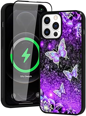 LSL para iPhone 14 Pro Max Case com protetor de tela [Compatível com Magsafe] Purple Butterfly Magnetic