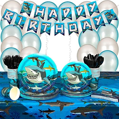 197 Piece Shark Party Supplies, incluindo banner, pratos, xícaras, guardanapos, talheres, balões e toalha