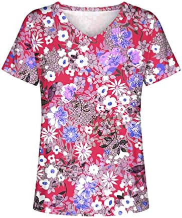 Tampas de manga curta de verão feminino tampas florais vad de pescoço casual camiseta de túnica solta
