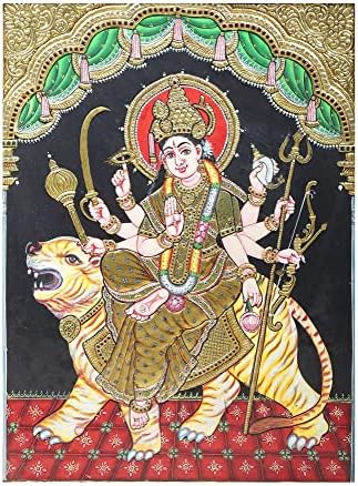 Deusa da Índia Exótica Ashtabhuja Durga Tanjore Pintura | Cores tradicionais com ouro 24K | Quadro de teakwood | Ouro