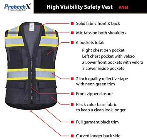 Protectx 6 bolsos de alta visibilidade Goleta de segurança frontal com tiras reflexivas, ANSI/ISEA CERTIFICADO