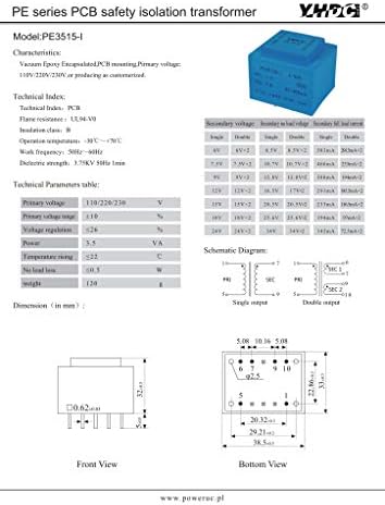 Transformador de isolamento de soldagem de PCB YHDC PE3515-I 3,5VA 110V/15V