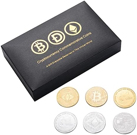 6 PCs Bitcoin Dogecoin Ethereum Comemoration Moeda - Coleção de moedas de bits colecionáveis ​​- Criptomoeda