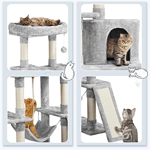 Torre da árvore de gatos com rede e postes de arranhões, pós -gato cinza -gato com bola de brinquedo