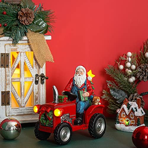 Dusvally Christmas Papai Noel e Tractor Estátua da tabela de decoração de figuras com presente de iluminação