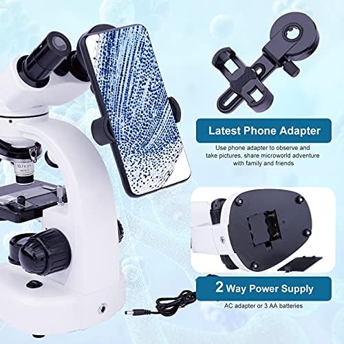 Microscópio binocular 40x-1000X para adultos com lâminas de microscópio por suporte de telefone e kits de preparação