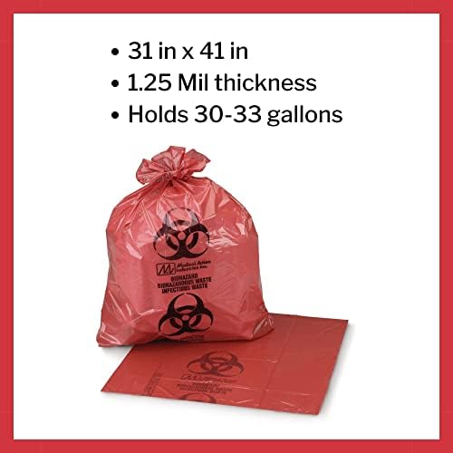 McKesson Sacos de resíduos infecciosos - fundo selado, 1,25 mil, vermelho - 30 gal -33 gal capacidade, 31 em