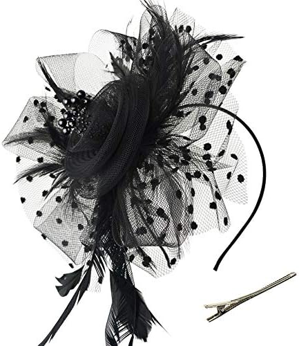 Drechow Fascinators Hat Hat Flower Mesh Fibbons Feathers em uma faixa da cabeça e um clipe Tea Party Headwear