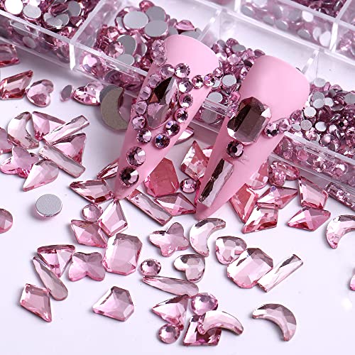 Strass de cristal rosa belicey para unhas de tamanho múltiplo de forma de unha strass rins shiny