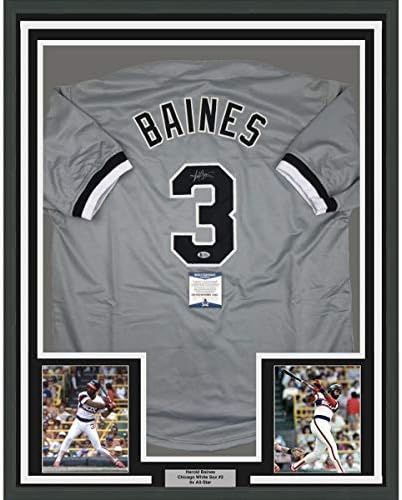Harold Baines autografado/assinado emoldurado 33x42 Jersey de beisebol de Chicago Gray Beckett Bas Coa