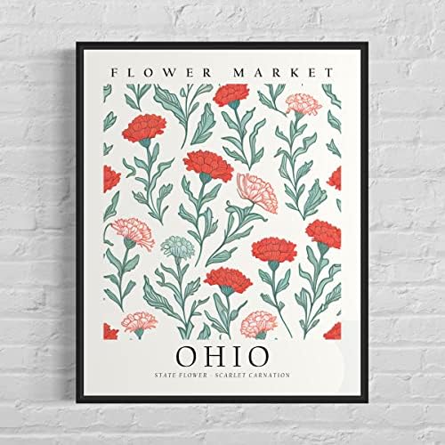 Arte da arte do mercado de flores de Ohio, escarlate Arte da parede de flor de cravo, decoração de arte floral