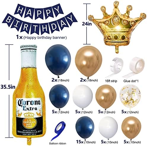 Decorações de festas de aniversário de ouro azul marinho para homens meninos meninas meninas com bandeira de feliz aniversário, balões da coroa, balões corona de papel alumínio, kit de guirlanda de balão