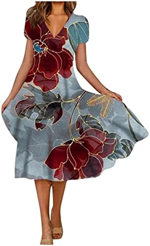 Vestido de manga curta de tamanho grande vestido de manga curta Vestidos de férias com pescoço floral de