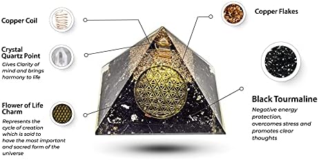 Cristal de pirâmide orgona turmalina preta com flor da vida - Cristal de orgonita de cura de reiki - Chakra
