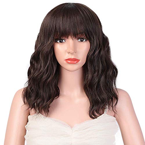 UCUBB Wig curto curto com franja para mulheres 14 polegadas marrom escuro Wavy Bob peruca sintética resistente