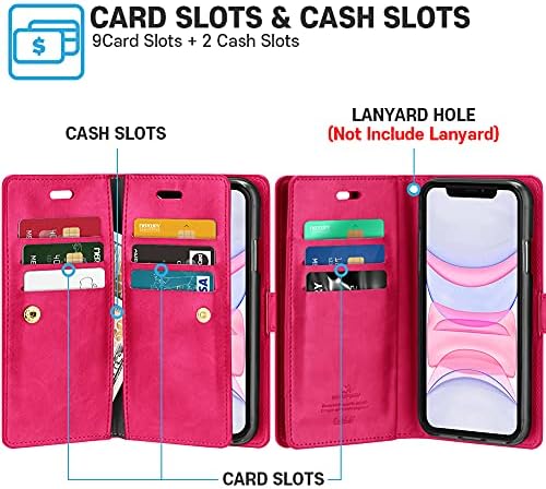 Caixa de carteira de ganspery mansoor projetada para iPhone 11 [slots de 9 cartas+2 bolso lateral extra] Doubily sidel slot slot folio titular de cartão com couro PU premium - rosa quente