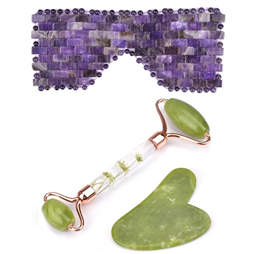Ideayard Green Flower Jade Roller Gua Sha Set & Amethyst Máscara Olhe Pedra Real Natuarl Jade Stone para
