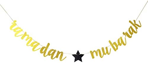 Starsgarden Glitter Gold Ramadã Mubarak Banner 2022 Ramadã Islâmico Prop muçulmano Islã Celebração Eid Party