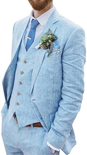 Retro Linen Men Suit de praia Terno de casamento Verão Slim Fit 3 Peças Tuxedo de casaco de casaco de linhagem