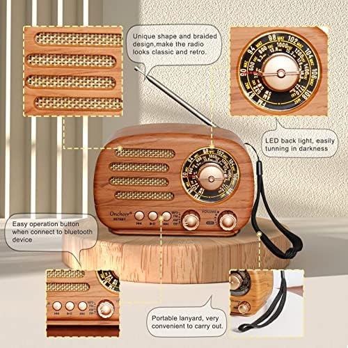 Oncheer Portable Vintage Rádio Rádio Retro -Bluetooth, FM/AM/SW VELHO CLÁSSICO CLÁSSICO, ANTENA AJUSTÁVEL,