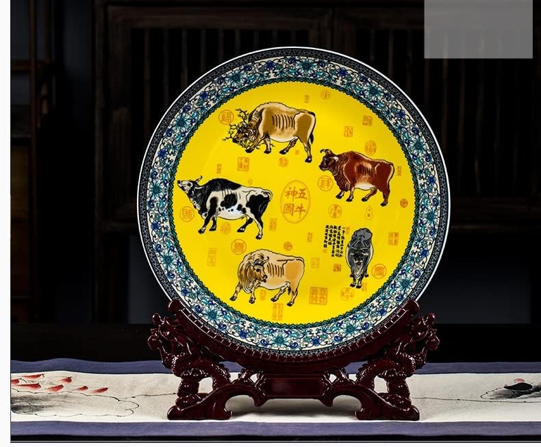 Jkuywx Cerâmica Chinês Placa de decoração de estilo chinês 35 cm Plate Sitting Plate Orafts Cinco Plante de Padrão