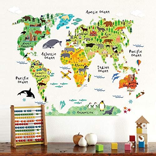 Homeevolution Gary Kids Educational Animal Marks Marks World Map Peel & Stick Wall Decals Stickers Decor Home